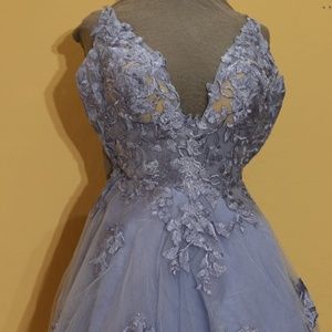 ALYCE plunging neckline short appliqué fit and flare dress in blue iris size 12